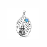 Sterling Silver Oxidized And Polished Owl Blue Lab Opal Pendant