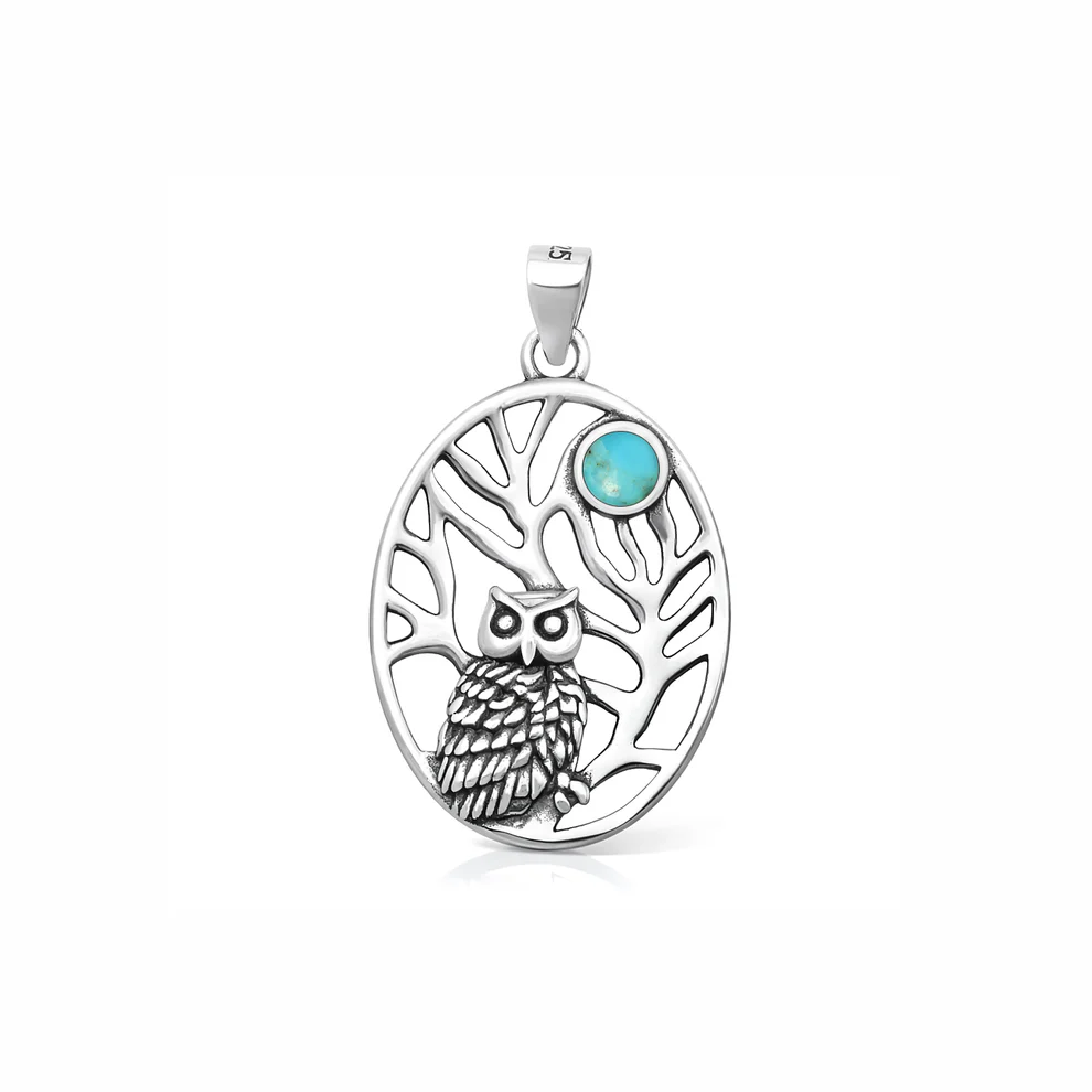 Sterling Silver Oxidized And Polished Owl Genuine Turquoise Stone Pendant