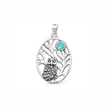Load image into Gallery viewer, Sterling Silver Oxidized And Polished Owl Genuine Turquoise Stone Pendant