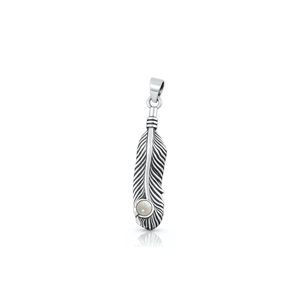 Sterling Silver Oxidized And Polished Moonstone Feather Pendant