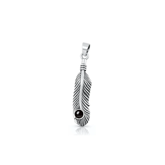 Sterling Silver Oxidized And Polished 23mm Feather Black Onyx Stone Pendant