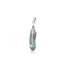 Load image into Gallery viewer, Sterling Silver Oxidized And Polished 23mm Feather Genuine Turquoise Stone Pendant