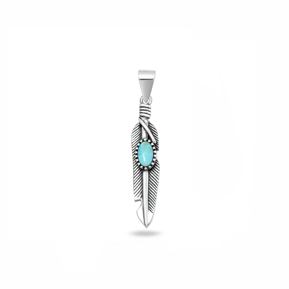 Sterling Silver Oxidized And Polished Feather Turquoise Stone Pendant