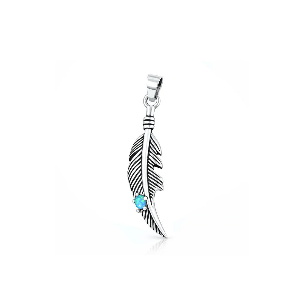Sterling Silver Oxidized And Polished Blue Lab Opal 39.6mm Feather Pendant