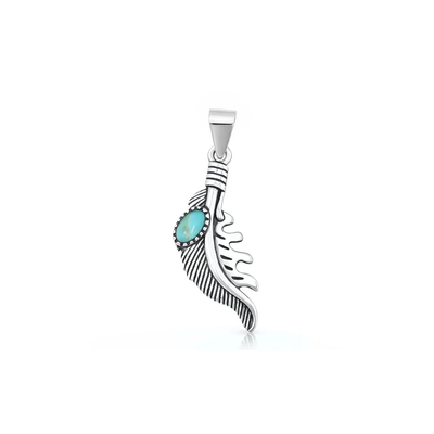 Sterling Silver Oxidized And Polished 22.7mm Feather Genuine Turquoise Stone Pendant