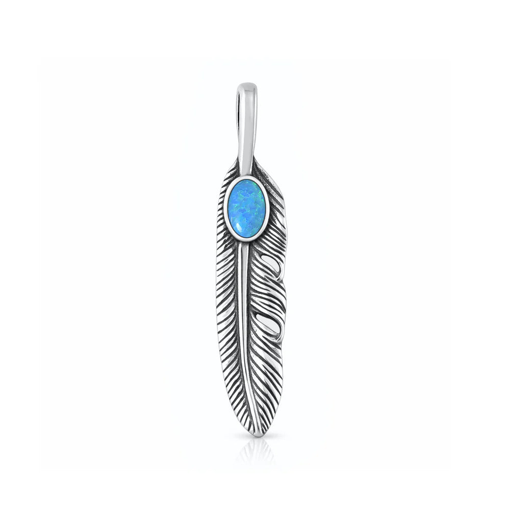 Sterling Silver Oxidized And Polished Feather Blue Lab Opal Pendant