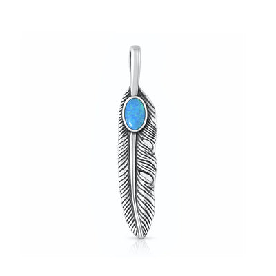 Sterling Silver Oxidized And Polished Feather Blue Lab Opal Pendant