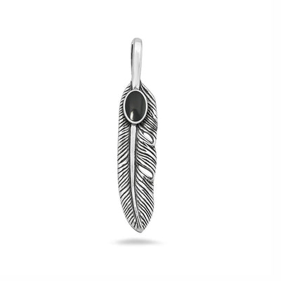 Sterling Silver Oxidized And Polished Black Onyx Stone Feather Pendant