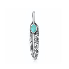 Sterling Silver Oxidized And Polished Genuine Turquoise Stone Feather Pendant