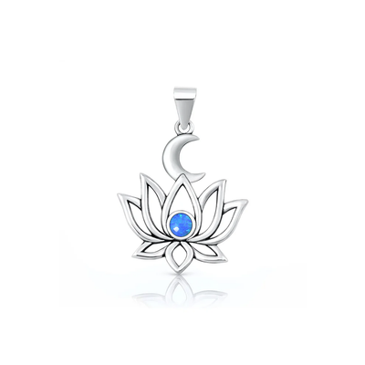 Sterling Silver Oxidized And Polished Lotus And Moon Blue Lab Opal Pendant