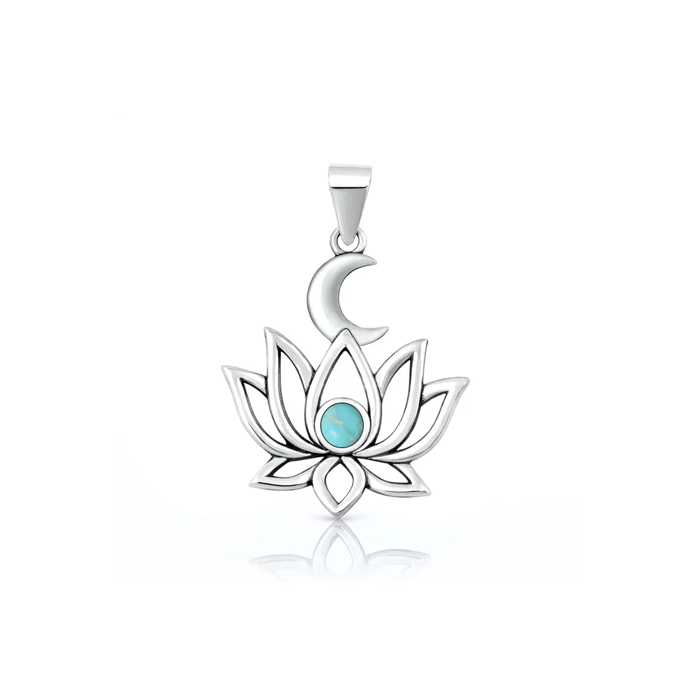 Sterling Silver Oxidized And Polished Lotus And Moon Genuine Turquoise Stone Pendant