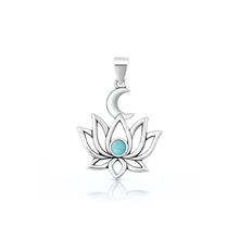 Load image into Gallery viewer, Sterling Silver Oxidized And Polished Lotus And Moon Genuine Turquoise Stone Pendant