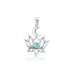 Sterling Silver Oxidized And Polished Lotus And Moon Genuine Turquoise Stone Pendant