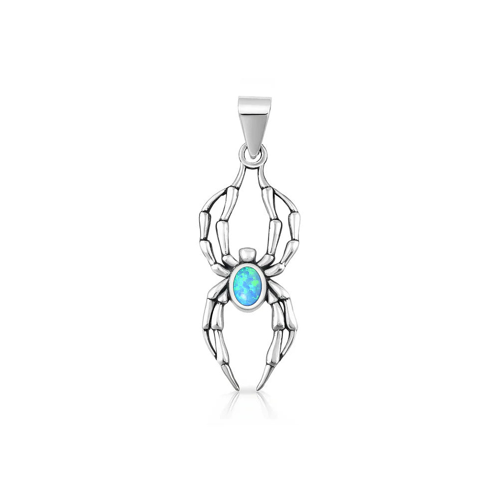 Sterling Silver Oxidized And Polished Blue Lab Opal Spider Pendant