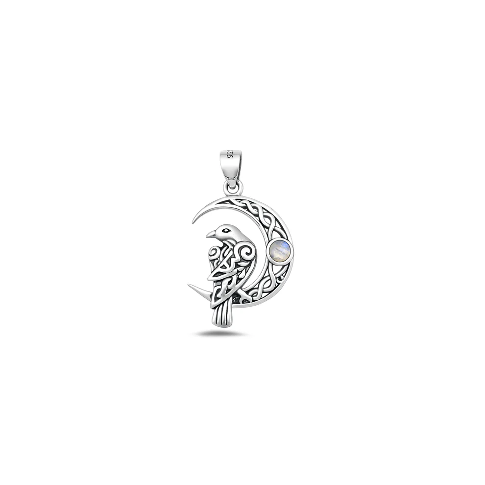 Sterling Silver Oxidized And Polished Celtic Bird And Moon Moonstone Pendant