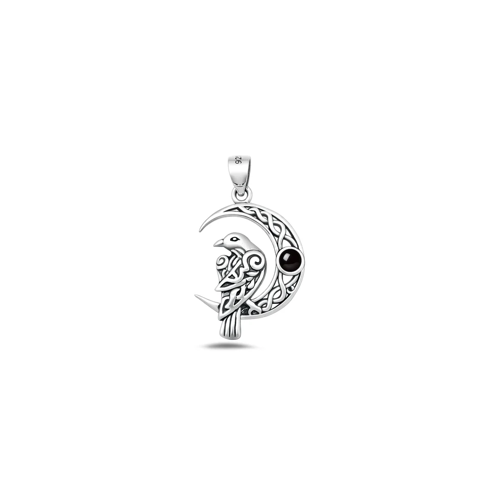 Sterling Silver Oxidized And Polished Celtic Bird And Moon Black Onyx Stone Pendant