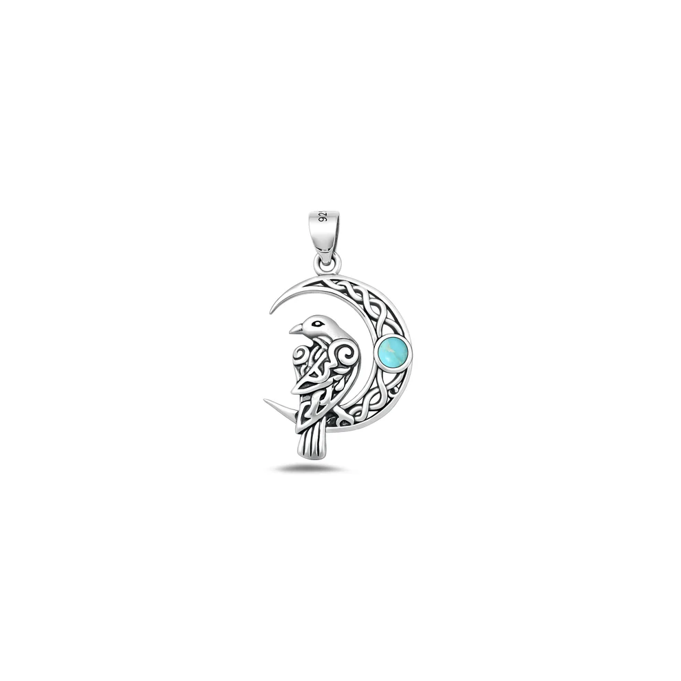 Sterling Silver Oxidized And Polished Celtic Bird And Moon Genuine Turquoise Stone Pendant