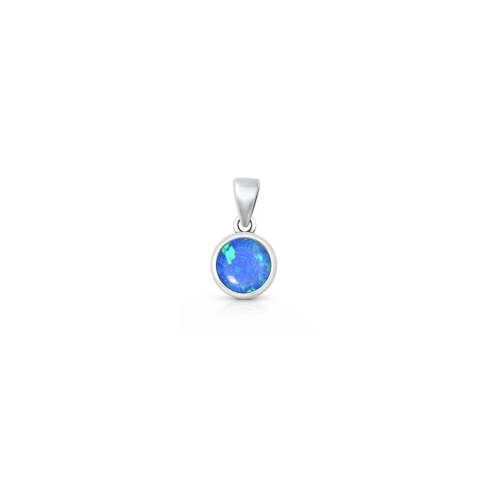 Sterling Silver Oxidized And Polished Blue Lab Opal Round Pendant