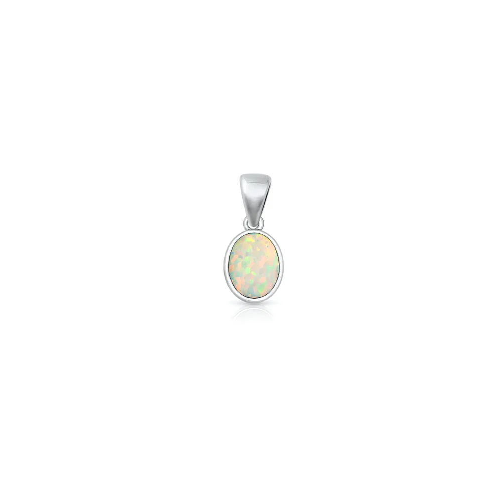 Sterling Silver Oxidized And Polished 8.2mm Oval White Lab Opal Pendant