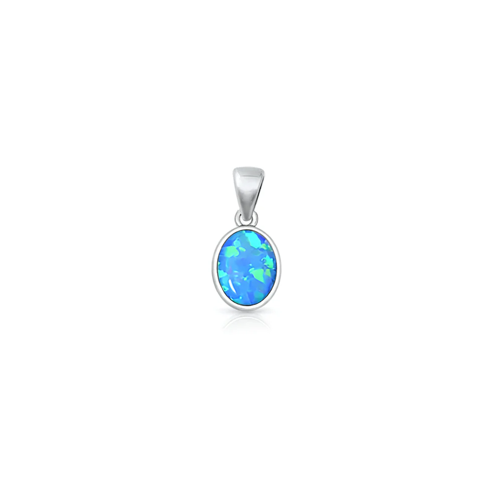 Sterling Silver Oxidized And Polished Oval Blue Lab Opal Pendant