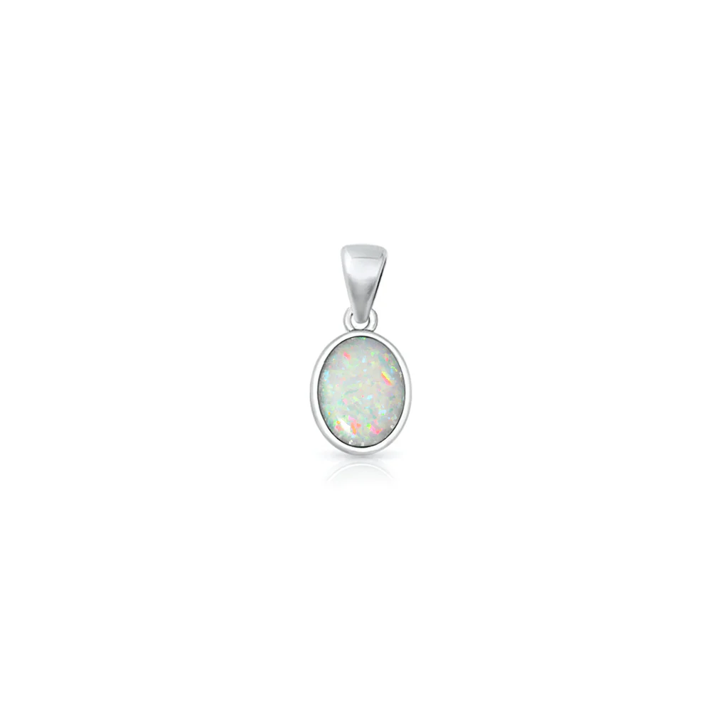 Sterling Silver Oxidized And Polished White Lab Opal Oval Pendant