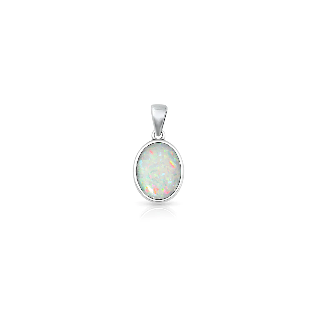 Sterling Silver Oxidized And Polished Oval White Lab Opal Pendant