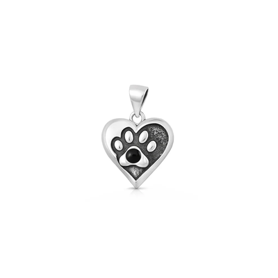 Sterling Silver Oxidized And Polished Paw Print And Heart Black Onyx Stone Pendant