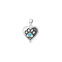 Load image into Gallery viewer, Sterling Silver Oxidized And Polished Paw Print And Heart Genuine Turquoise Stone Pendant