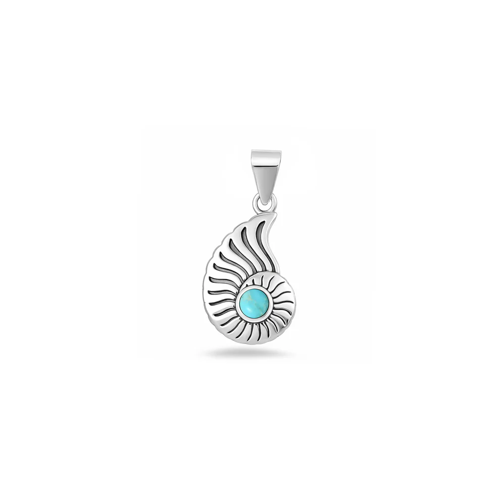 Sterling Silver Oxidized And Polished Seashell Genuine Turquoise Stone Pendant