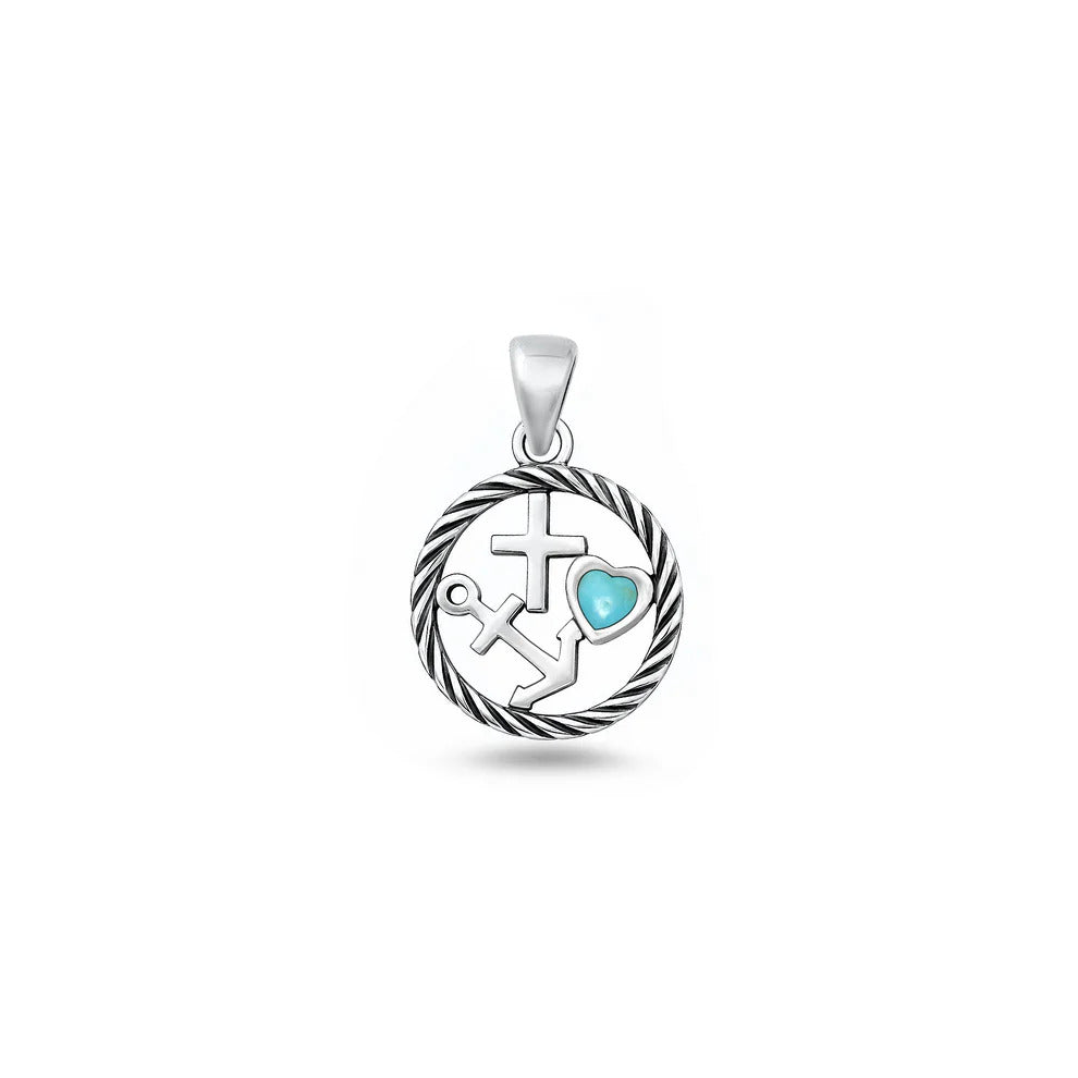 Sterling Silver Oxidized And Polished Turquoise Stone Faith Love Hope Pendant