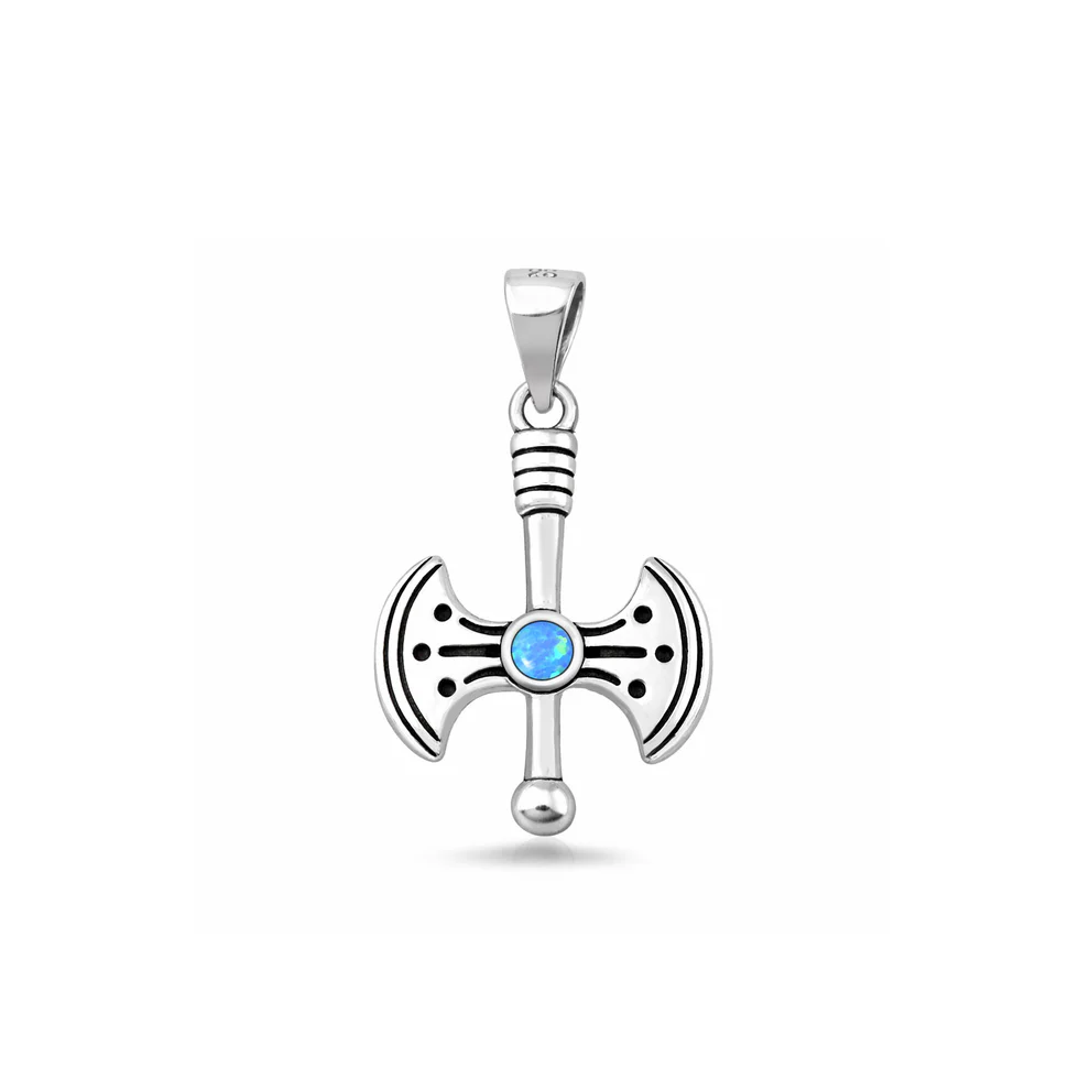 Sterling Silver Oxidized And Polished Axe Blue Lab Opal Pendant