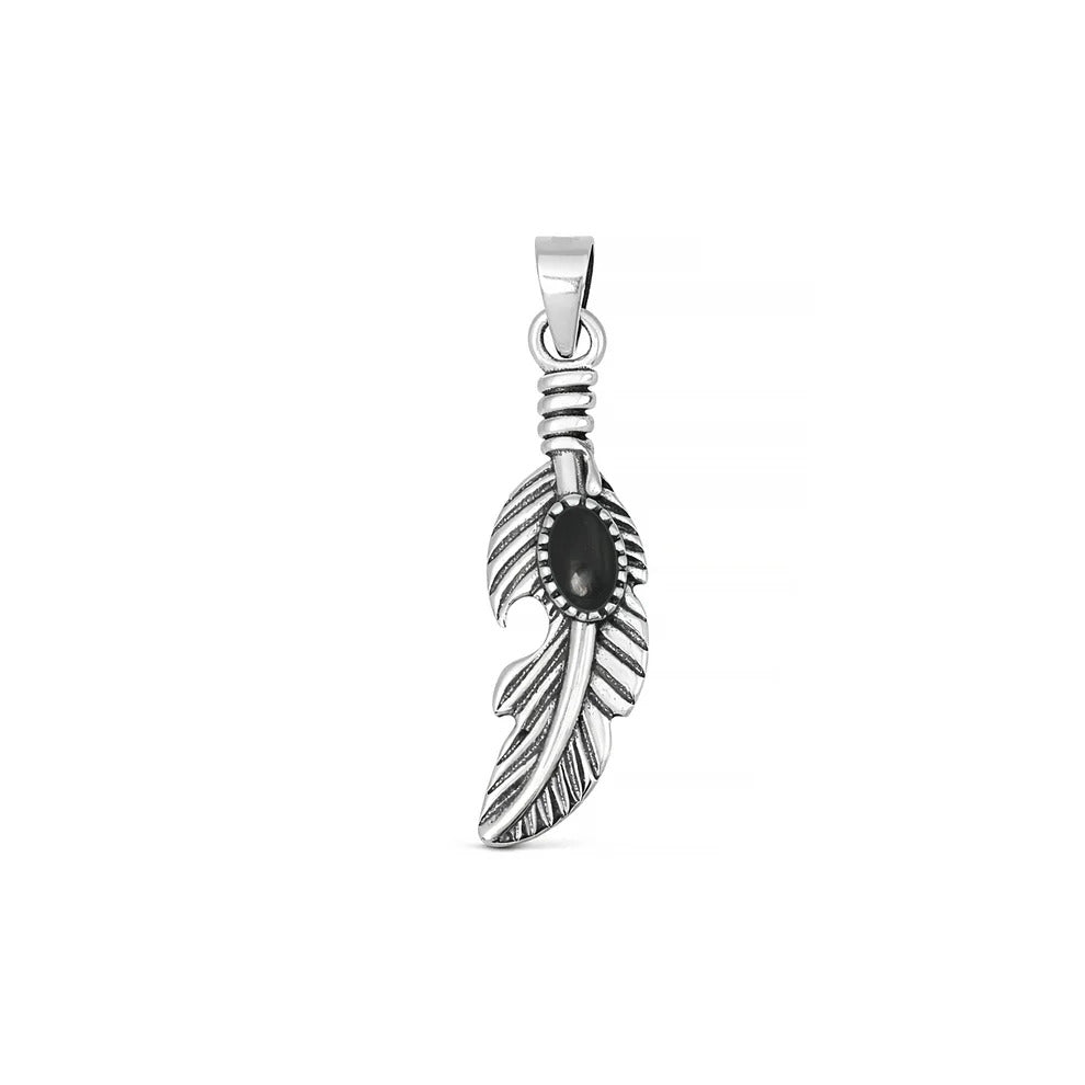 Sterling Silver Oxidized And Polished Black Onyx Feather Pendant