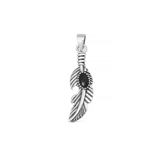 Load image into Gallery viewer, Sterling Silver Oxidized And Polished Black Onyx Stone Feather Pendant