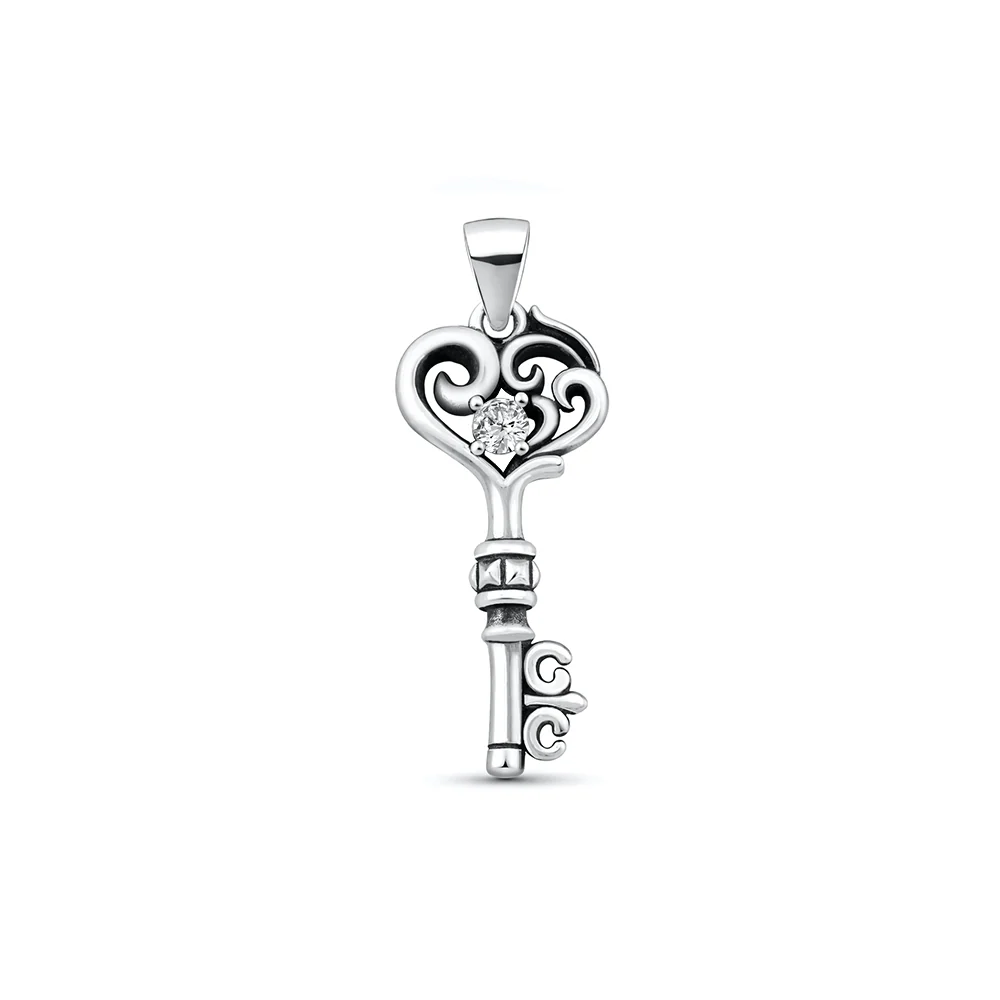 Sterling Silver Oxidized And Polished Filigree Heart Key Clear CZ Pendant