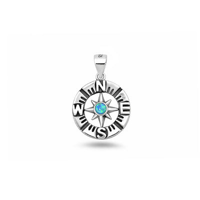Sterling Silver Oxidized And Polished Blue Lab Opal Compass Pendant