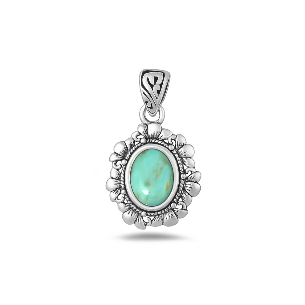 Sterling Silver Oxidized Flower Genuine Turquoise Stone Pendant