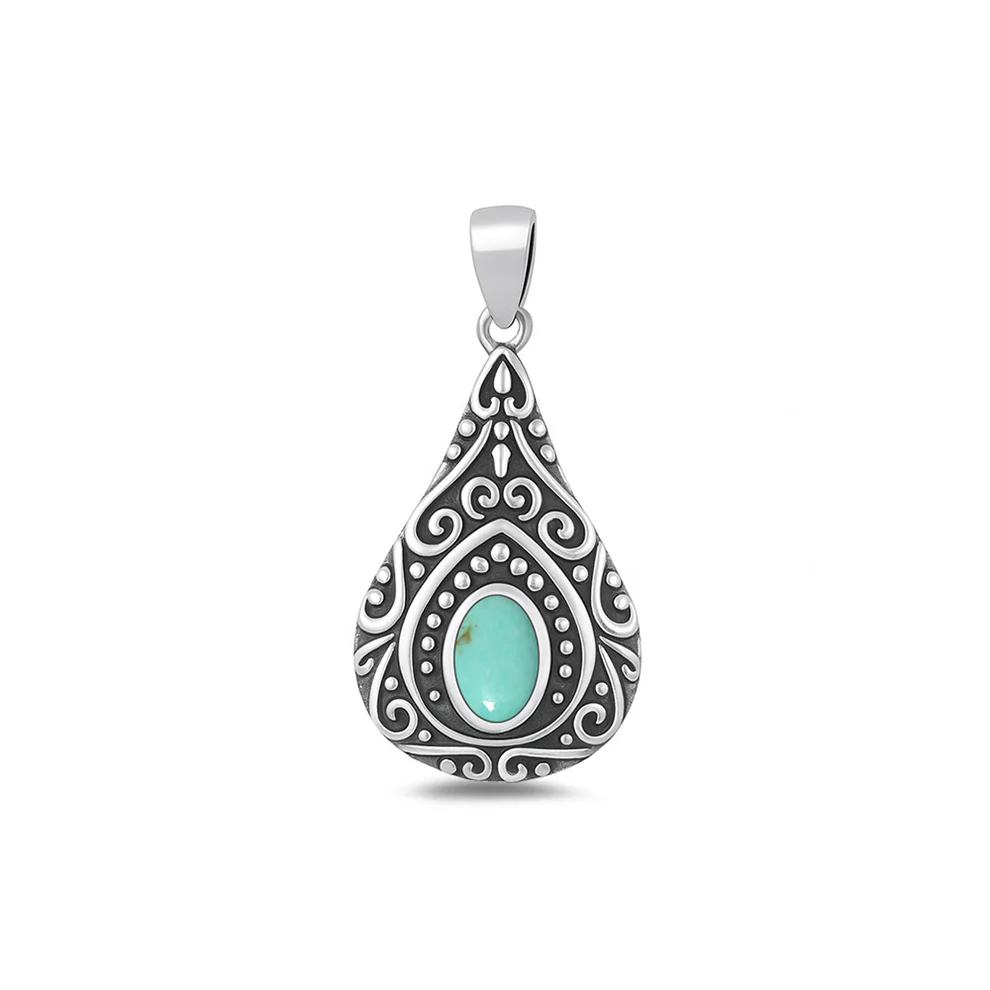 Sterling Silver Oxidized Filigree Genuine Turquoise Stone Pendant