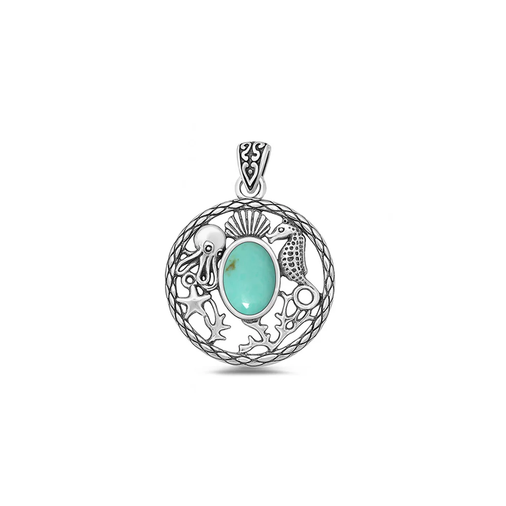 Sterling Silver Oxidized Ocean Life Genuine Turquoise Stone Pendant