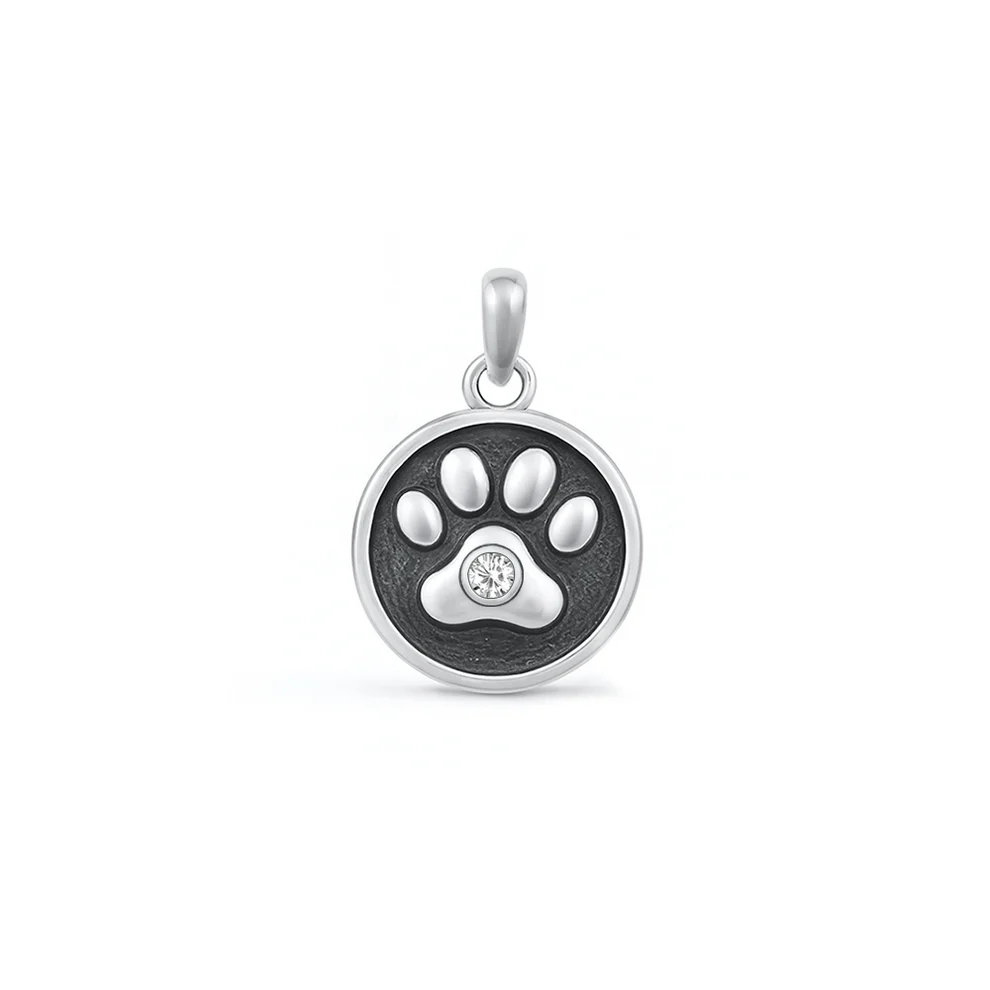 Sterling Silver Oxidized Paw Print Clear CZ Pendant