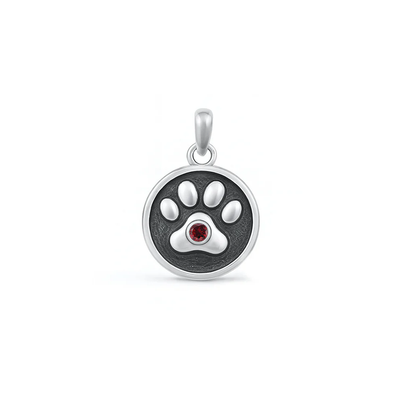 Sterling Silver Oxidized Paw Print Garnet CZ Pendant