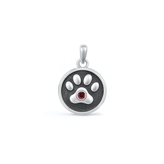 Sterling Silver Oxidized Paw Print Garnet CZ Pendant