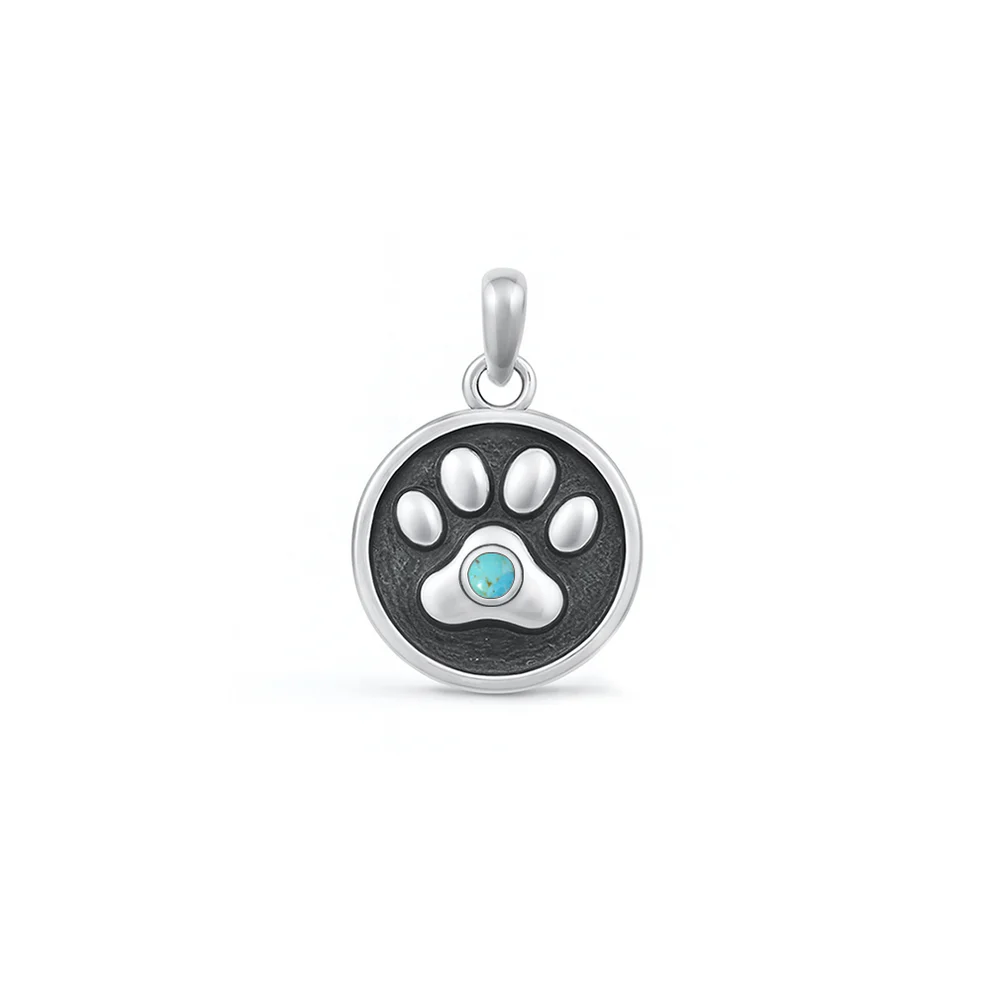Sterling Silver Oxidized Paw Print Turquoise Stone Pendant