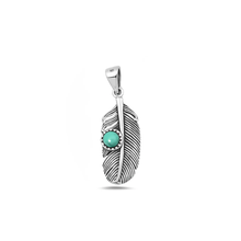 Load image into Gallery viewer, Sterling Silver Oxidized And Polished 24mm Feather Genuine Turquoise Stone Pendant