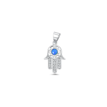 Load image into Gallery viewer, Sterling Silver Oxidized And Polished Hamsa Blue Lab Opal And Clear CZ Pendant