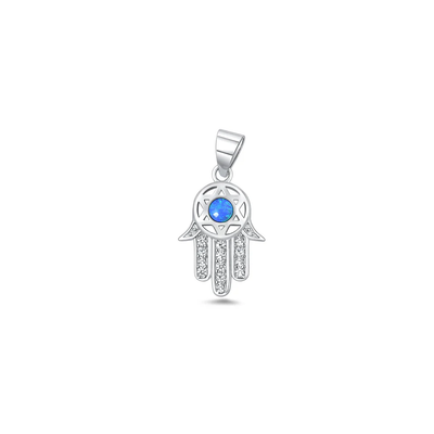 Sterling Silver Oxidized And Polished Hamsa Blue Lab Opal And Clear CZ Pendant