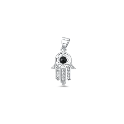 Sterling Silver Oxidized And Polished Hamsa Black Onyx Stone And Clear CZ Pendant