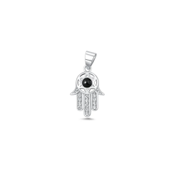 Sterling Silver Oxidized And Polished Hamsa Black Onyx Stone And Clear CZ Pendant