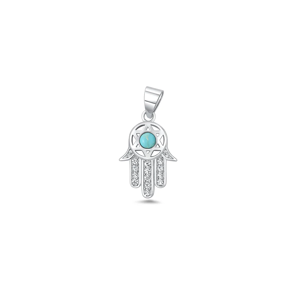 Sterling Silver Oxidized And Polished Hamsa Genuine Turquoise Stone And Clear CZ Pendant