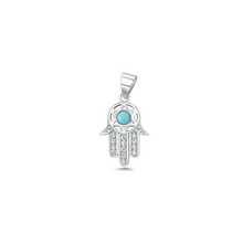 Load image into Gallery viewer, Sterling Silver Oxidized And Polished Hamsa Genuine Turquoise Stone And Clear CZ Pendant