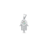 Sterling Silver Oxidized And Polished Hamsa White Lab Opal And Clear CZ Pendant